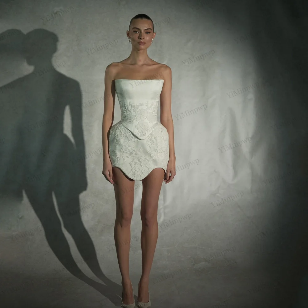 カスタマイズされたアイボリーの花柄アップリケツーピースセットミニウェディングドレスストラップレスミニvestidos de nocheシンプルなアフターパーティードレス