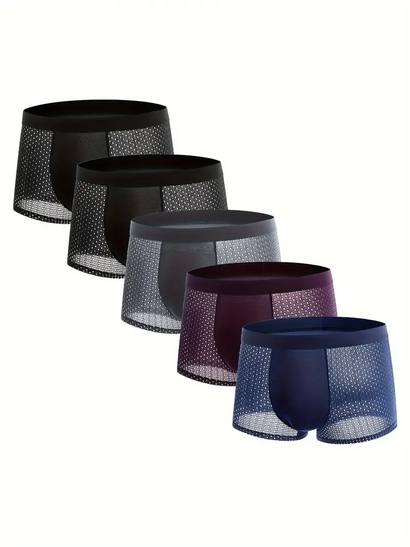 5pcs men's ice feeling mesh breathable comfortable underwear solid color daily casual flat angle underpants men's sports panties
