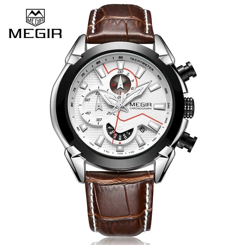 

MEGIR 2065 Multifunctional Watch Men's Genuine Leather Strap Top Brand Cool Waterproof Calendar Chronograph Quartz Watches reloj