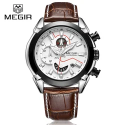 MEGIR 2065 Multifunctional Watch Men's Genuine Leather Strap Top Brand Cool Waterproof Calendar Chronograph Quartz Watches reloj