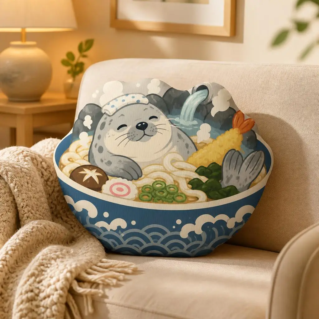 Seal Udon Noodle Bowl Throw Pillow Cute Japanese Food Art Cushion Irregular Stuffed Plush Sofa Home Decor for Seal Lovers