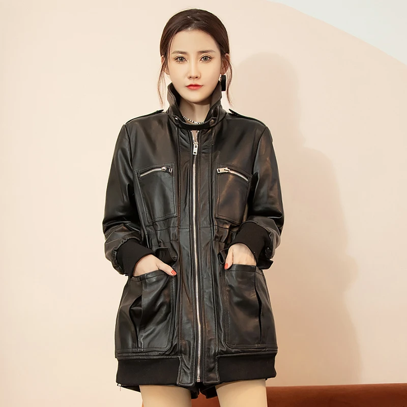 Autumn New Women Mid Long Genuine Leather Bomber Jacket Multi Pocket Moto Biker Windbreaker Outerwear Coat Real Sheepskin Jacket