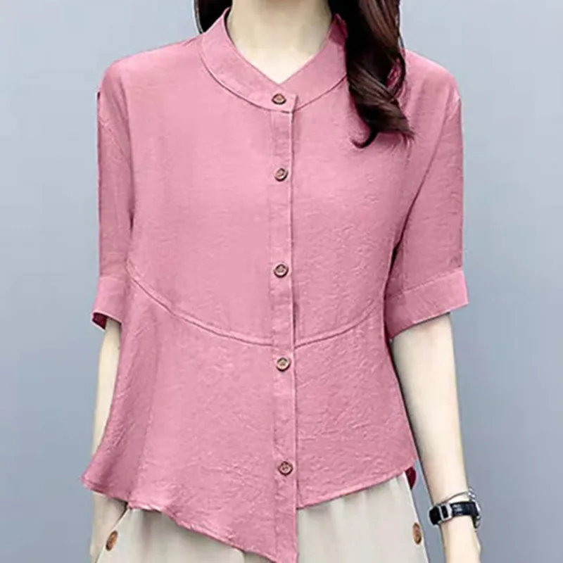 

Fashion O-Neck Solid Color Asymmetrical Shirts Women's Clothing 2024 Summer New Loose Casual Short Sleeve Tops Irregular Blouses