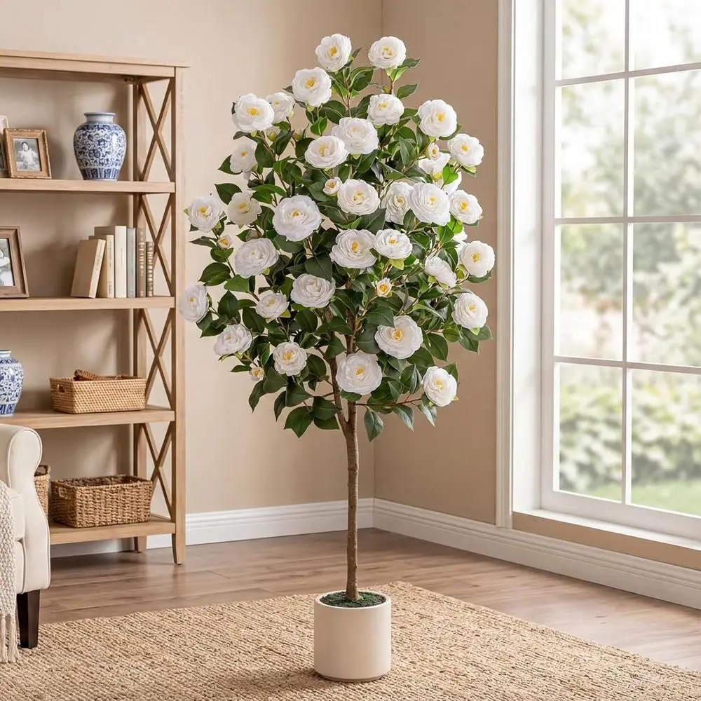 

60 Artificial Camellia Tree with White Flowers, UV-Resistant for Indoor or Outdoor, Includes White Planter Pot