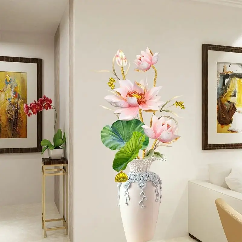 ~1pcs Romantic Lotus Vase Lotus Leaf Bedroom Living Room Porch Home Decoration Wall Stickers Self-Adhesive