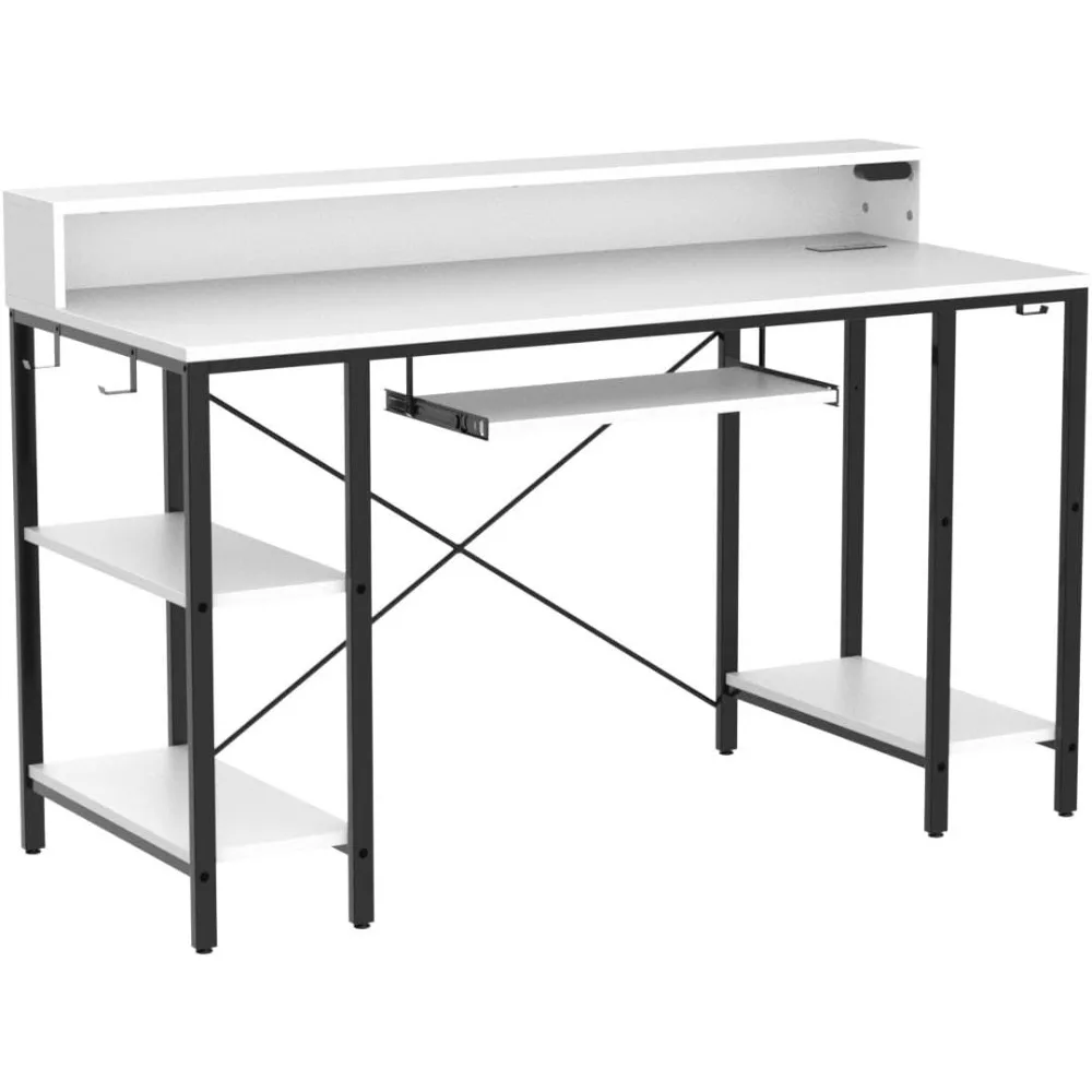 Computer Desk with LED Lights & Power Outlets, Gaming  with Storage Shelves,Home Office  with Keyboard Tray,Writing