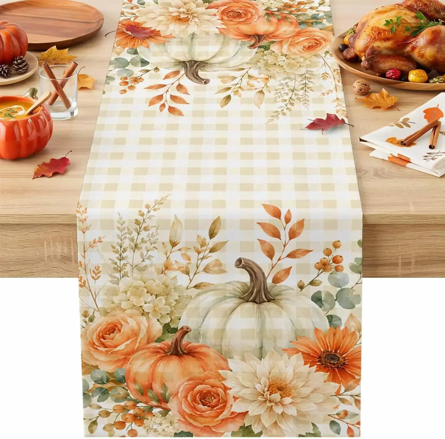 1Pc Autumn Harvest Floral Pumpkin Table Runner Beige Checkered Print Table Cover For Dining Kitchen Thanksgiving Party Decoratio