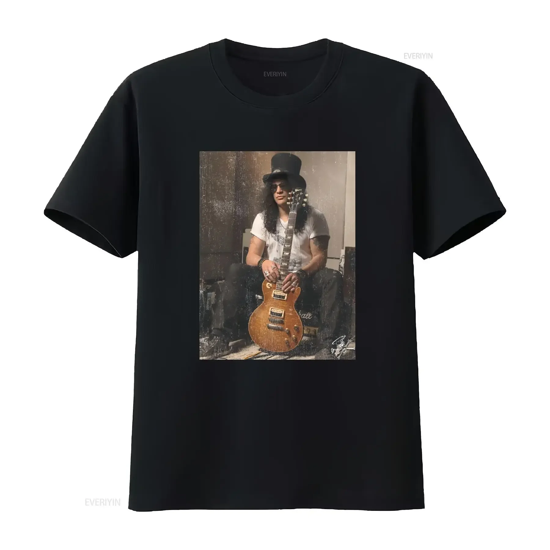 Slash Color Photo On Amp With Guitar Men's T Shirt Heavy Metal Music Merch Rock Band Style  vintage Washed graphic Versatile