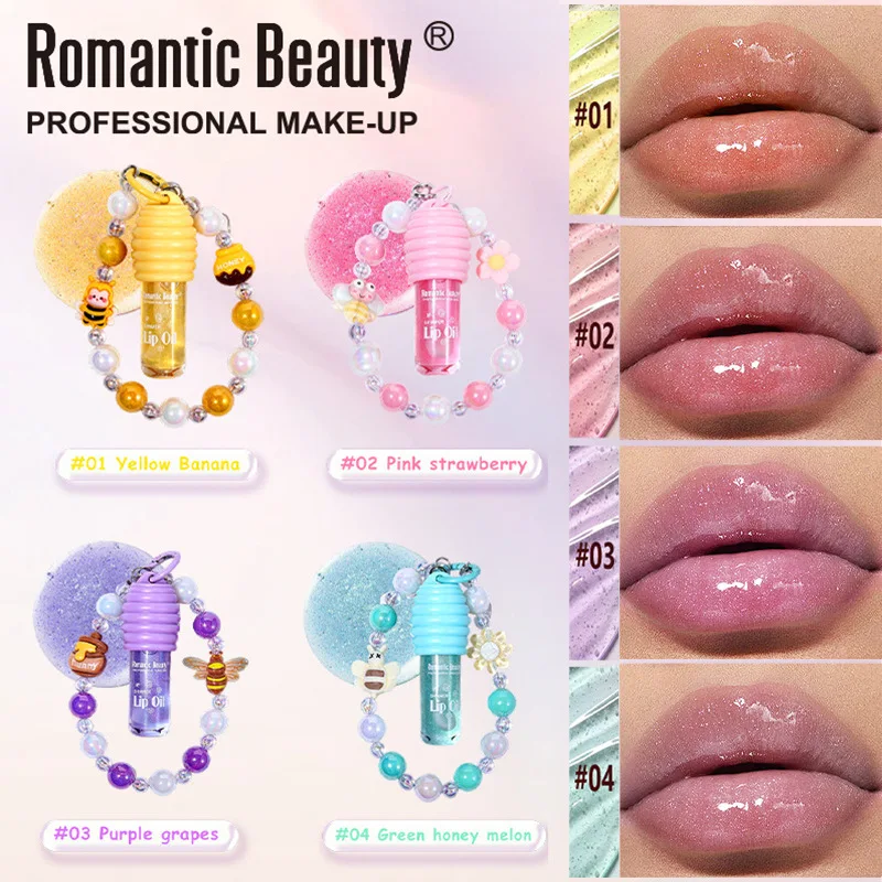 허니 립 오일 팔찌 - 틴티드 글로스가 있는 귀여운 참, 보습 및 미러 마감, 휴대용 2-in-1 립 케어, 딸을 위한 선물