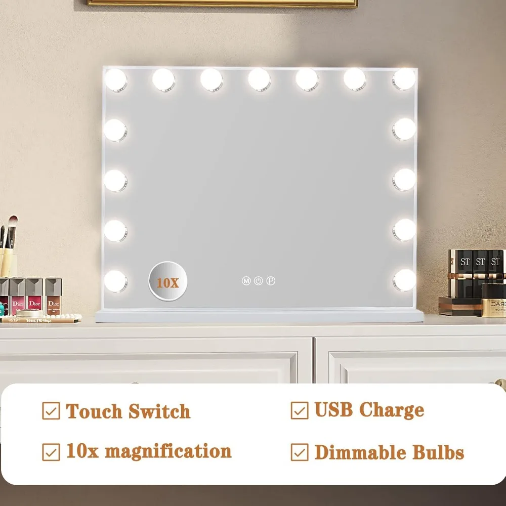 Vanity Mirror With Lights, 15LED Bulbs 3 Lighting Modes, For Desk Or Wall-Mount Vanity Mirror With USB Charger