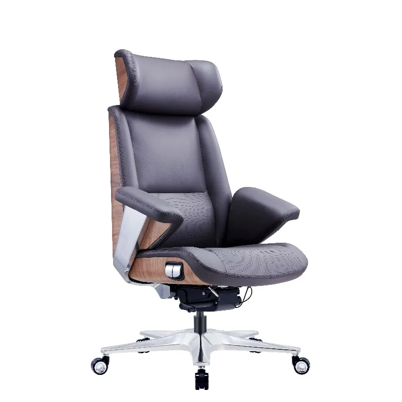 Leather Executive Office Chair with Walnut Back, Ergonomic CEO Boss Chair