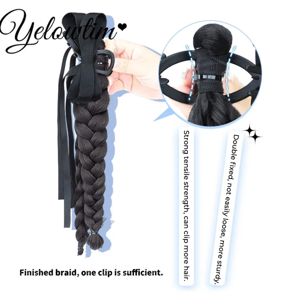 Synthetic Ribbon Bow Braided Ponytails Hair Extensions For Women With Elastic Hair Band Hairpieces Natural Black Brown Fake Hair