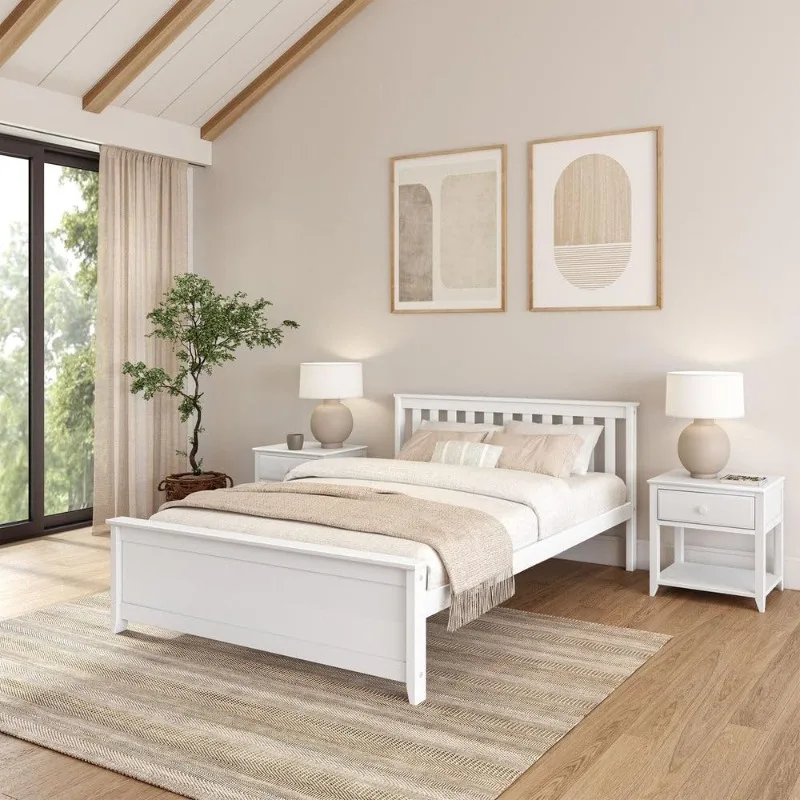 Estructura de cama tamaño queen de madera olid, cama con plataforma y cabecera, color blanco