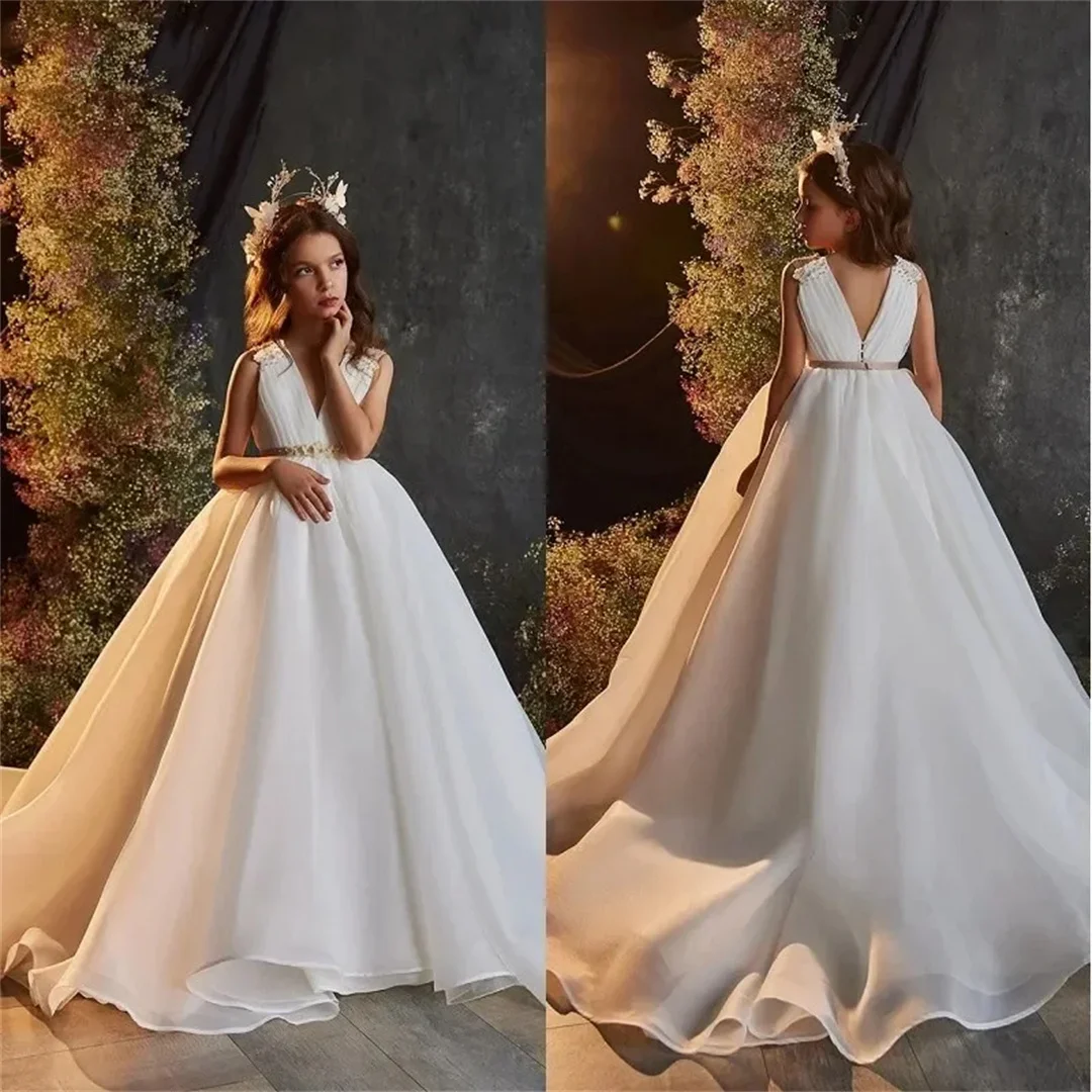 Communionkids Birthday Weddings Sleeveless Floor Length First Party Prom Dress White V-neck Simple Flower Girl Dresses