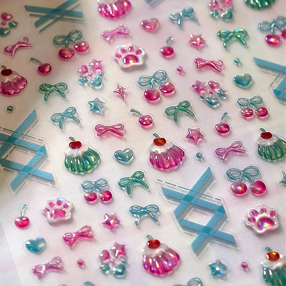 

Attractive Cherry Pudding Star Bowknot Ribbon Strap Line Cat's Paw Love Heart Nail Art Decorations Stickers Manicure Decals DIY