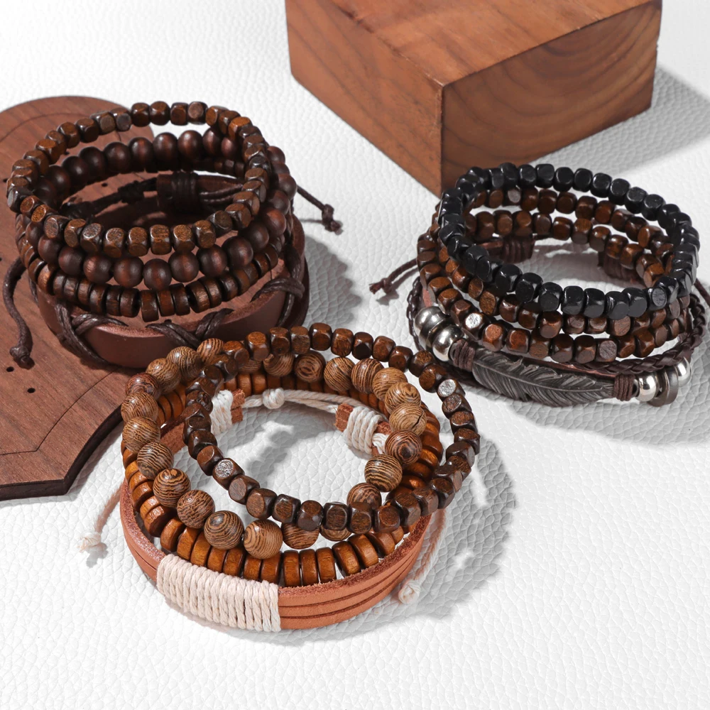 Vintage Tribal Retro Wooden Beaded Bracelet Set For Men Leather Rope Braided Wrap Bracelet Handmade Jewelry Male Bangle Ethnic