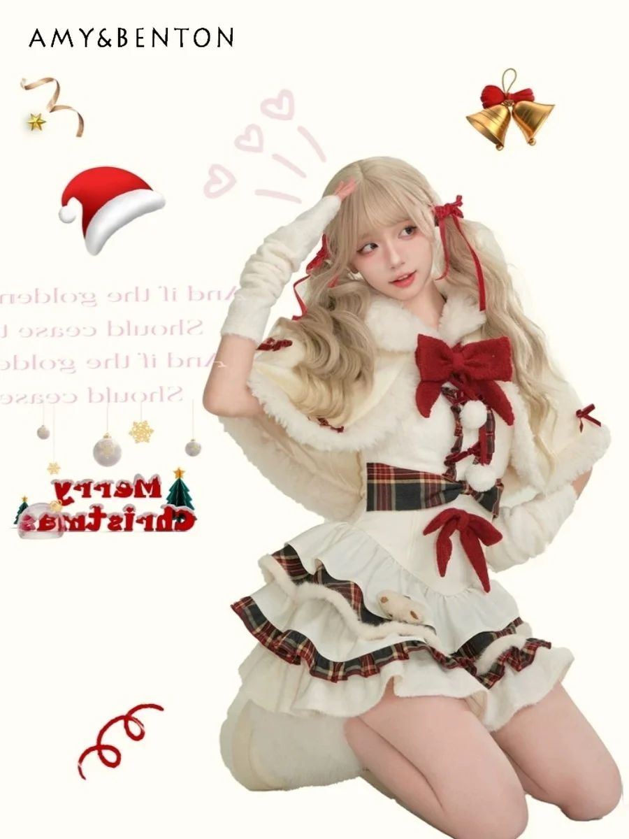

2025 Autumn Winter New Hot Sale Cute Sweet Christmas White Fringe Cloak Design Puffy Plaid Dress SleeveThree-Piece Set