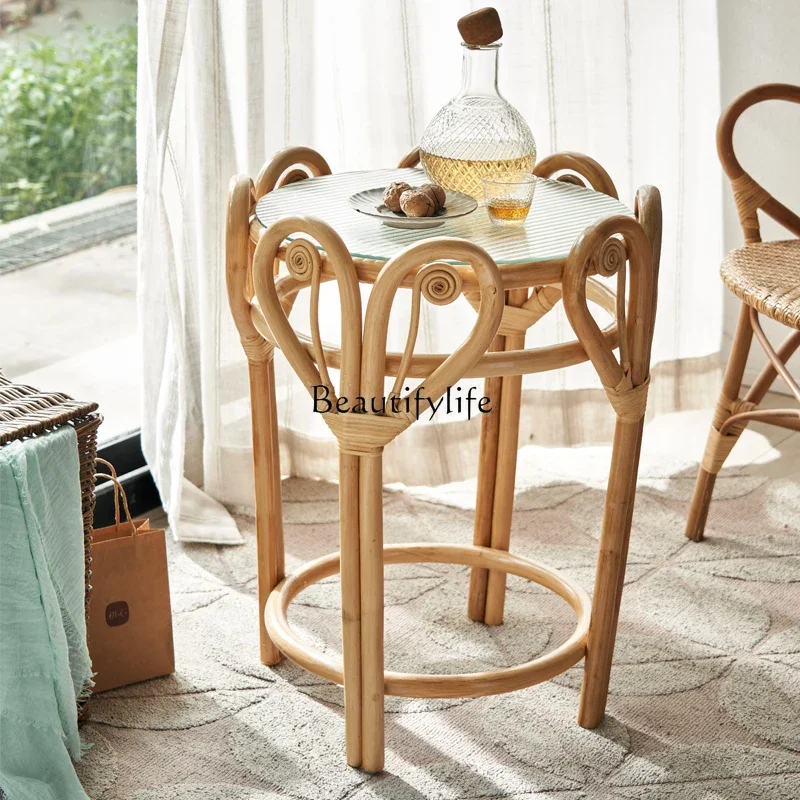 

yj32 *Solid wood rattan small coffee table sofa side cabinet modern bedside round table bedroom living room