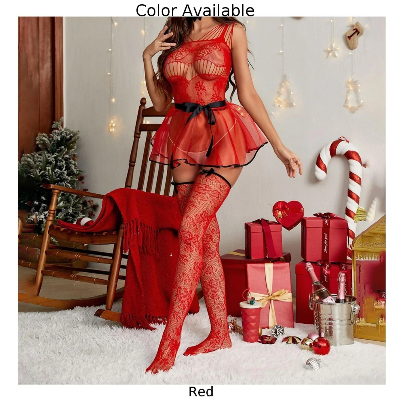 Home Use Holiday Party Christmas Lingerie Sexy Red Bodysuit Women Erotic Sleepwear Crothless New Holiday Outfit