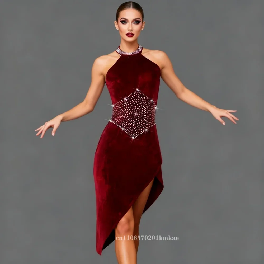 

Wine Red Latin Dance Dress Sexy Women Skirt Costume for Party Girls Sports Clothes Line Suit Stage Practice Dancewear Customized