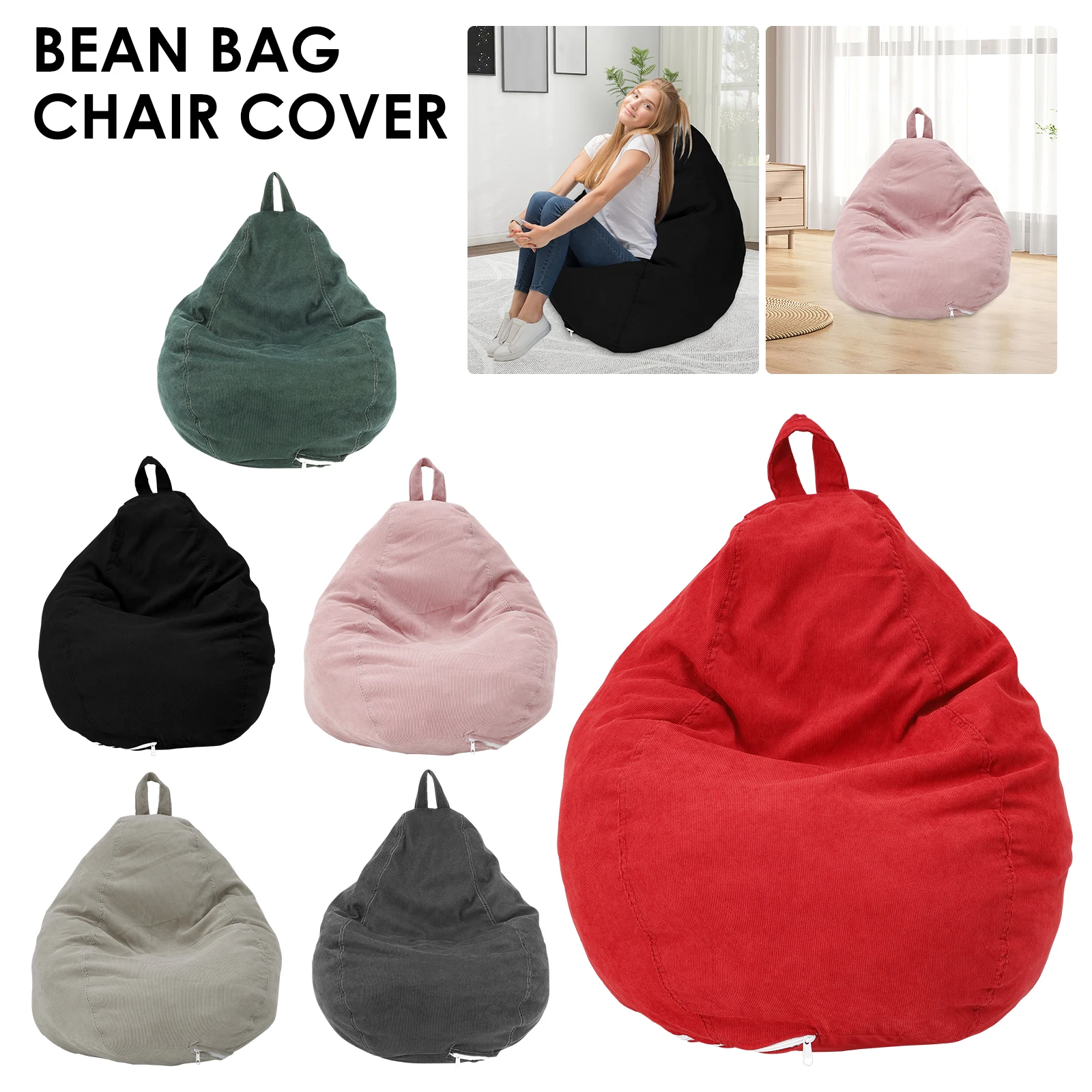 

Bean Bag Chair Cover Corduroy Lazy Sofa Protector with Handle Machine Washable Soft Plush Toys Storage Bag for Home Kids Adults