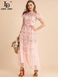 LD LINDA DELLA Designer Summer Pink Mesh Dress Women's Short Sleeve Flowers Embroidery Fashion Vacation Party Long Dress