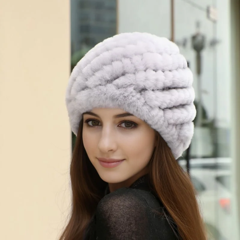 

Rex Rabbit Fur Hats for Women Winter Warm Soft Knitted Beanies Elastic Double Layer Thick Hats