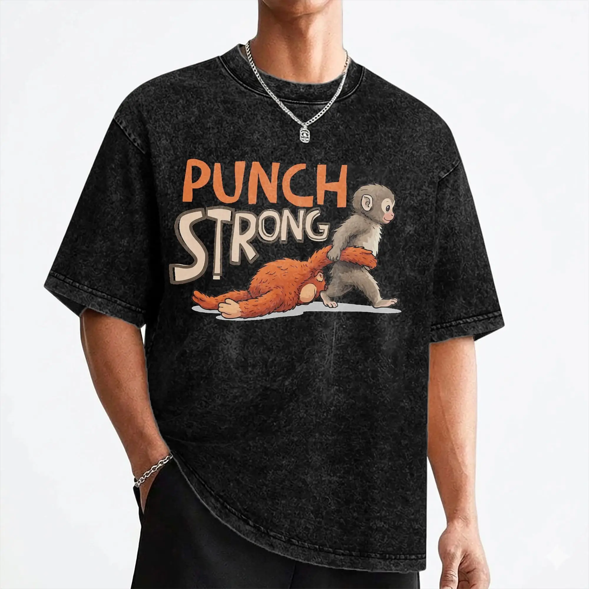 Baby Monkey Punch Strong T Shirts Washed Short Sleeve Street T-Shirt  Retro Men Women Streetwear Summer Tees