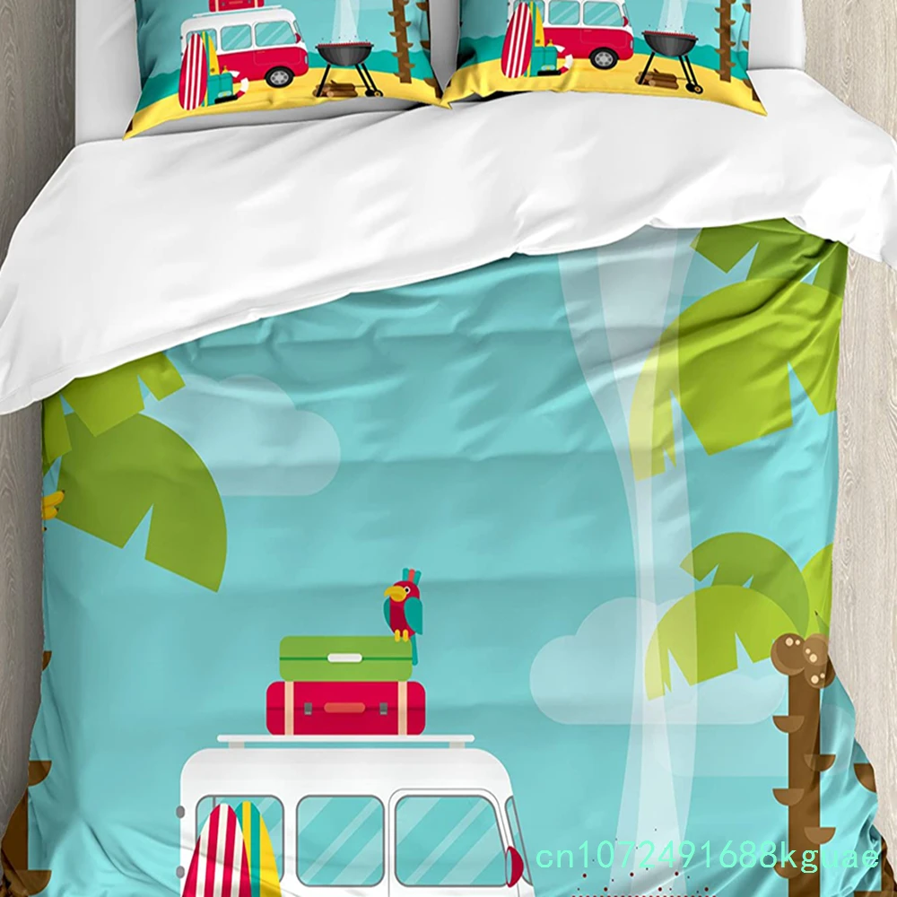 Explore Bedding Set Comforter Duvet Cover Pillow Shams Caravan Camping With Barbeque And Surf Board Bedding Cover Double Bed Set