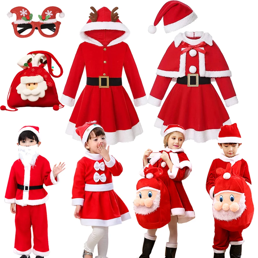 Baby Girls Christmas Hooded Dresses Santa Claus Elk Long Sleeve Winter Red Xmas Party Princess Dress With Belt Kids Xmas Vestido