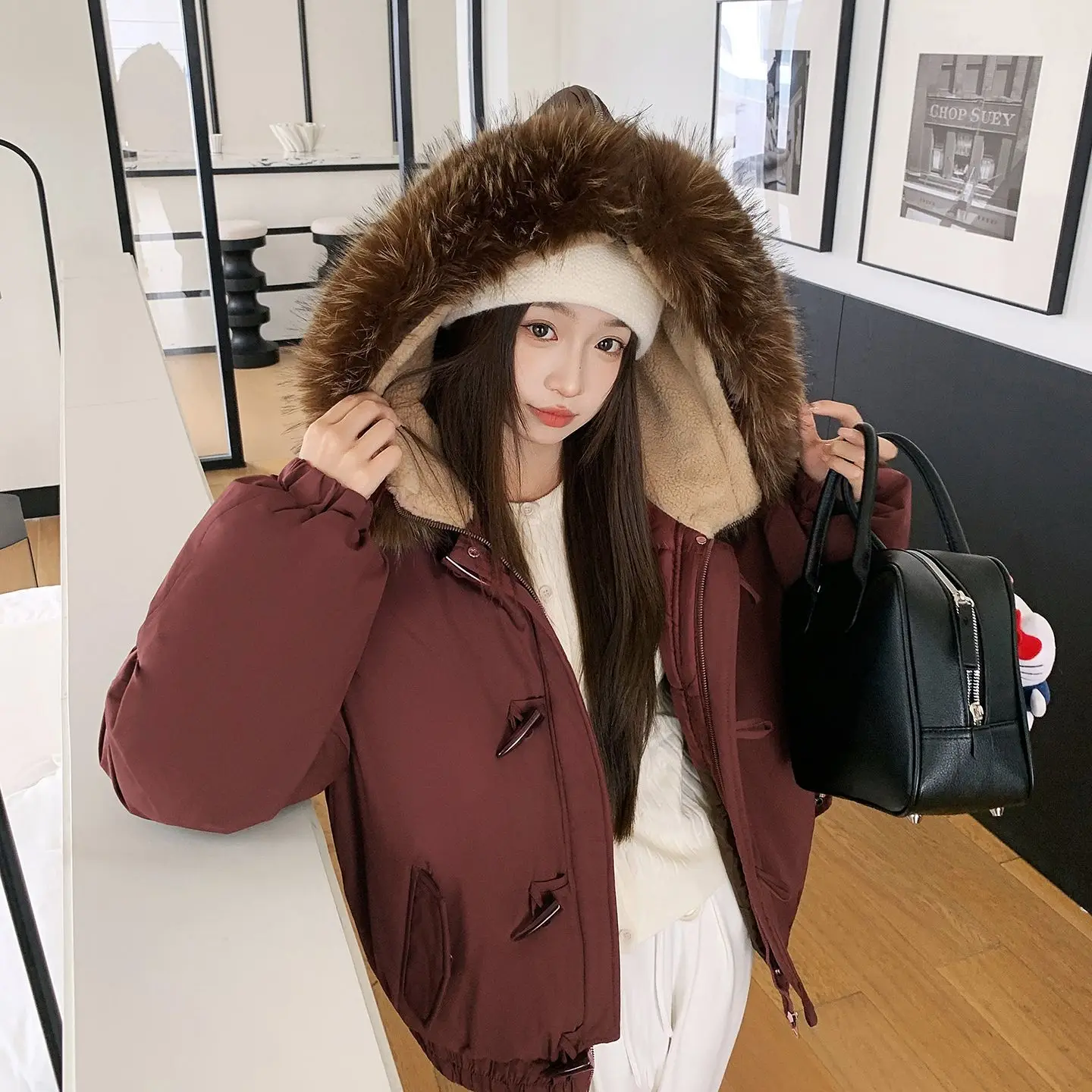 

Vintage Padded Loose Jacket Women Warm Winter 2025 Horn Hooded Lapel with Large Fur Collar Cotton-padded Jacket Coat