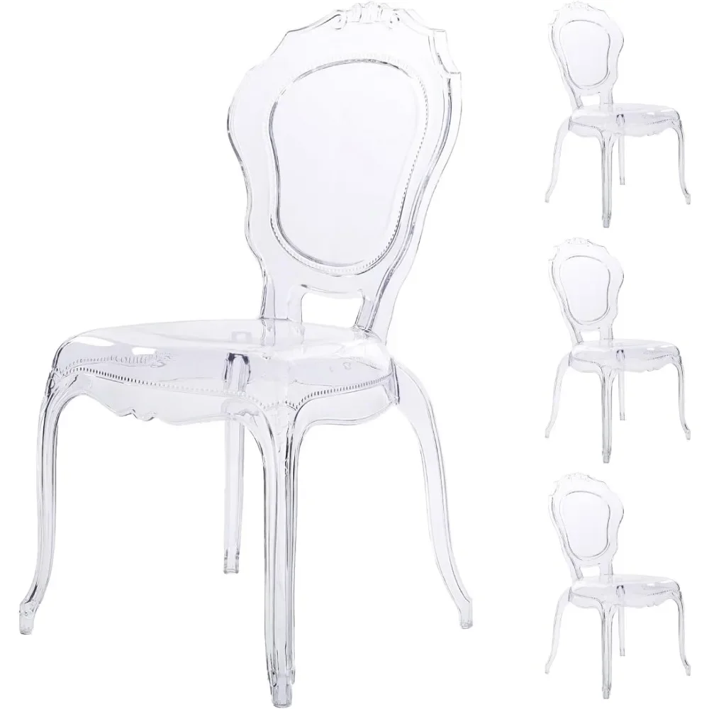

Set of 4 Clear Ghost Dining Chairs with Transparent Seat, Belle Style Lounge Acrylic Chairs for Events, Weddings, Banquets, Liv