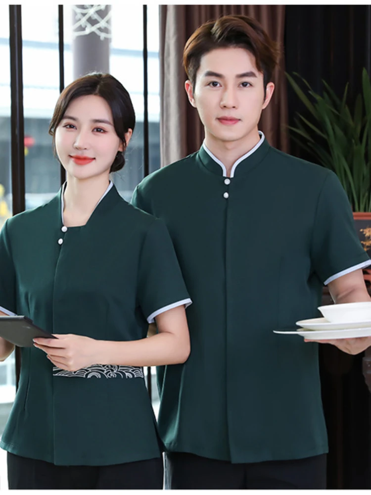 Uniforme de serveur à manches courtes, vêtement de travail pour serveuse, salopette respirante, haut de Service pour Restaurant, restauration rapide, hôtel