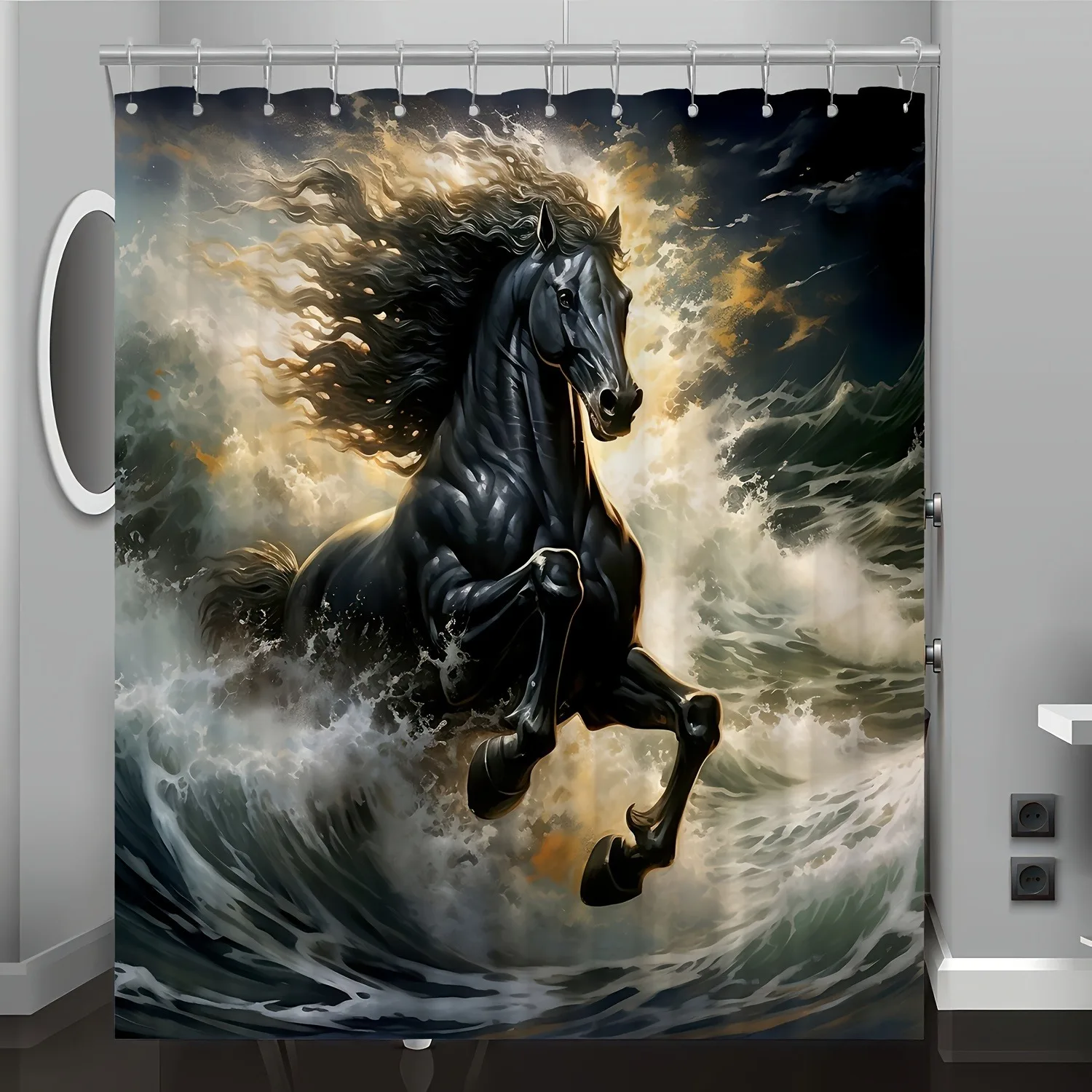 

Черная лошадь, езда на волнах, занавеска для душа, моющаяся грязеотталкивающая насадка для душа, водонепроницаемая полиэстеровая занавеска для ванны для домашнего декора