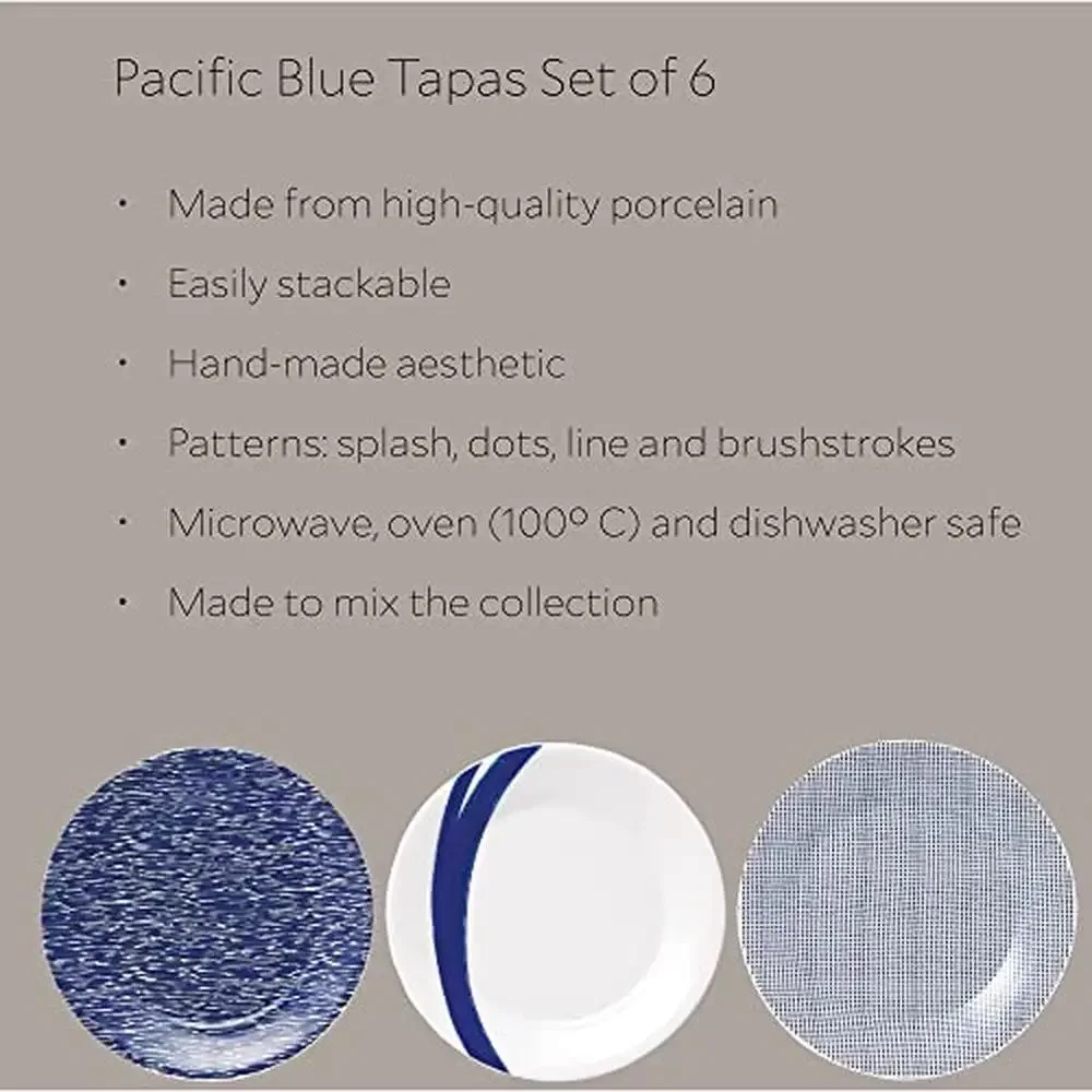 Coastal Collection Blue/White Porcelain Tapas Plates Set 6 Designs Casual Dining Entertaining