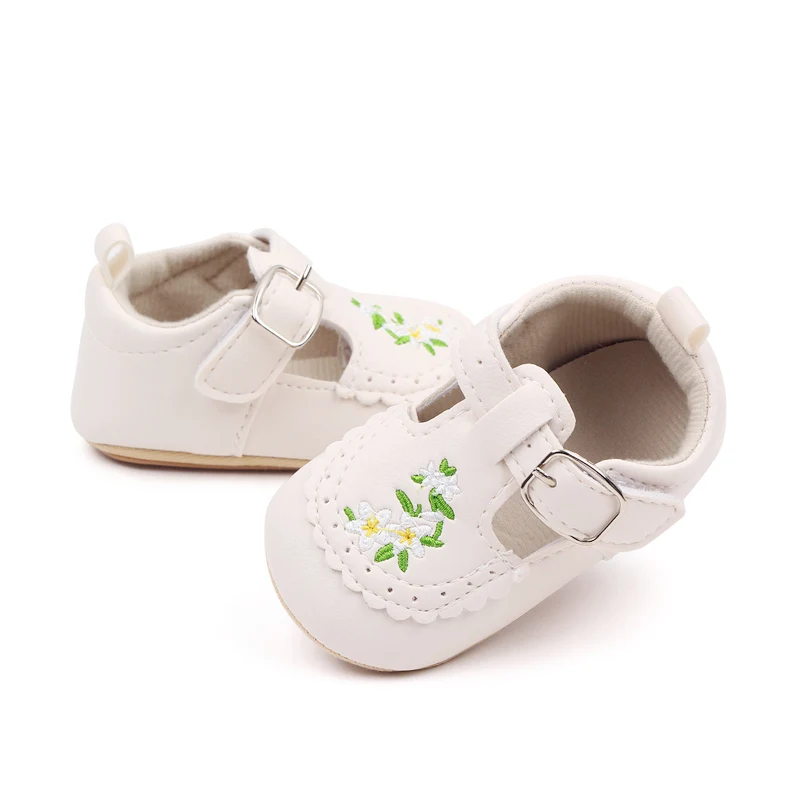 New Arrival Soft PU Leather Anti-slip TPR Sole Newborn Toddler Kids Girl Shoes Flower Embroidery Spring and Autumn New Fashion