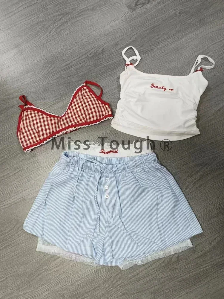 Summer Casual Lace Slim 4 Piece Set Women Fashion Y2k Elastic V Neck Sling Plaid Top Female + Elastic Waist Bow Short Pants 2024