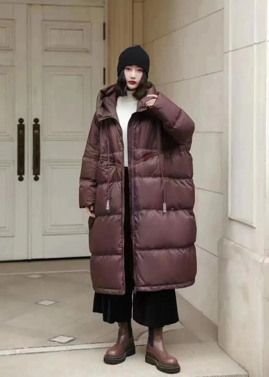 Janveny Women 90% White Duck Down Jacket With Hooded Loose Oversize Long Puffer Coat Autumn Winter Warm Outwear Female Parkas