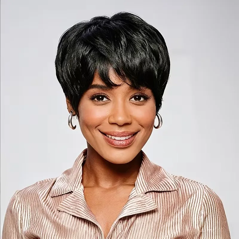 

Гладкие парики пикси, человеческие волосы для женщин, полностью машинное производство, с бахромой, натуральный реалистичный короткий парик боб, дышащая кепка, мягкая на ощупь