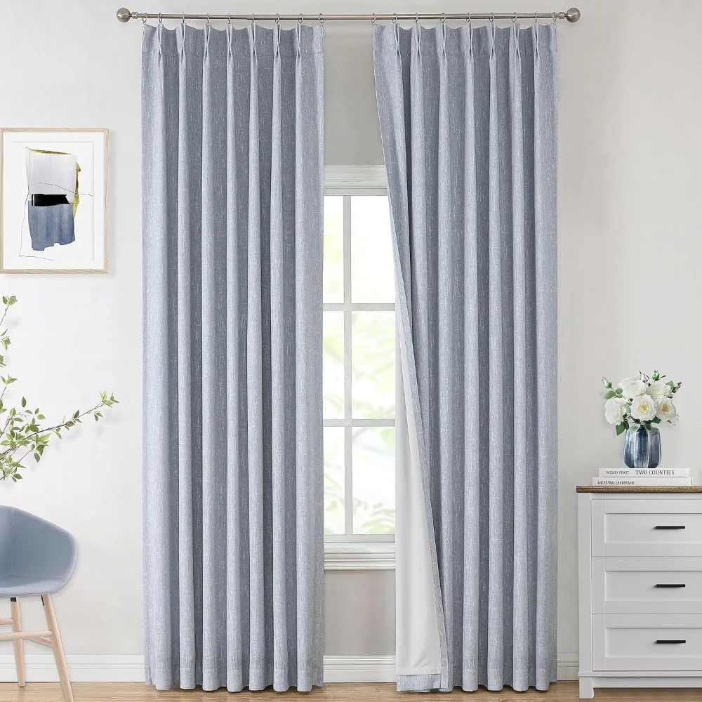 

Chambray Blue Pinch Pleated Full Blackout Curtains Room Darkening Window Curtains 95 inch