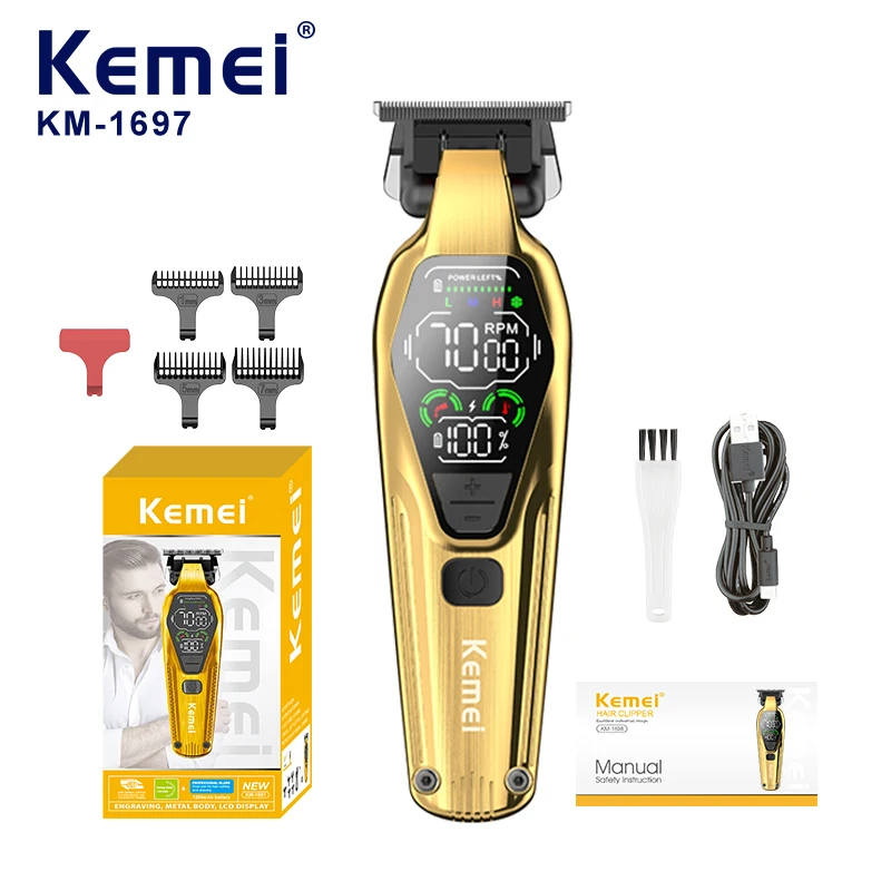 

Kemei 1697 Electric Hair Clippers Man Professional Barber Set Type-C Rechargeable Wireless Hair Cutting Machine Hair Trimmer LCD