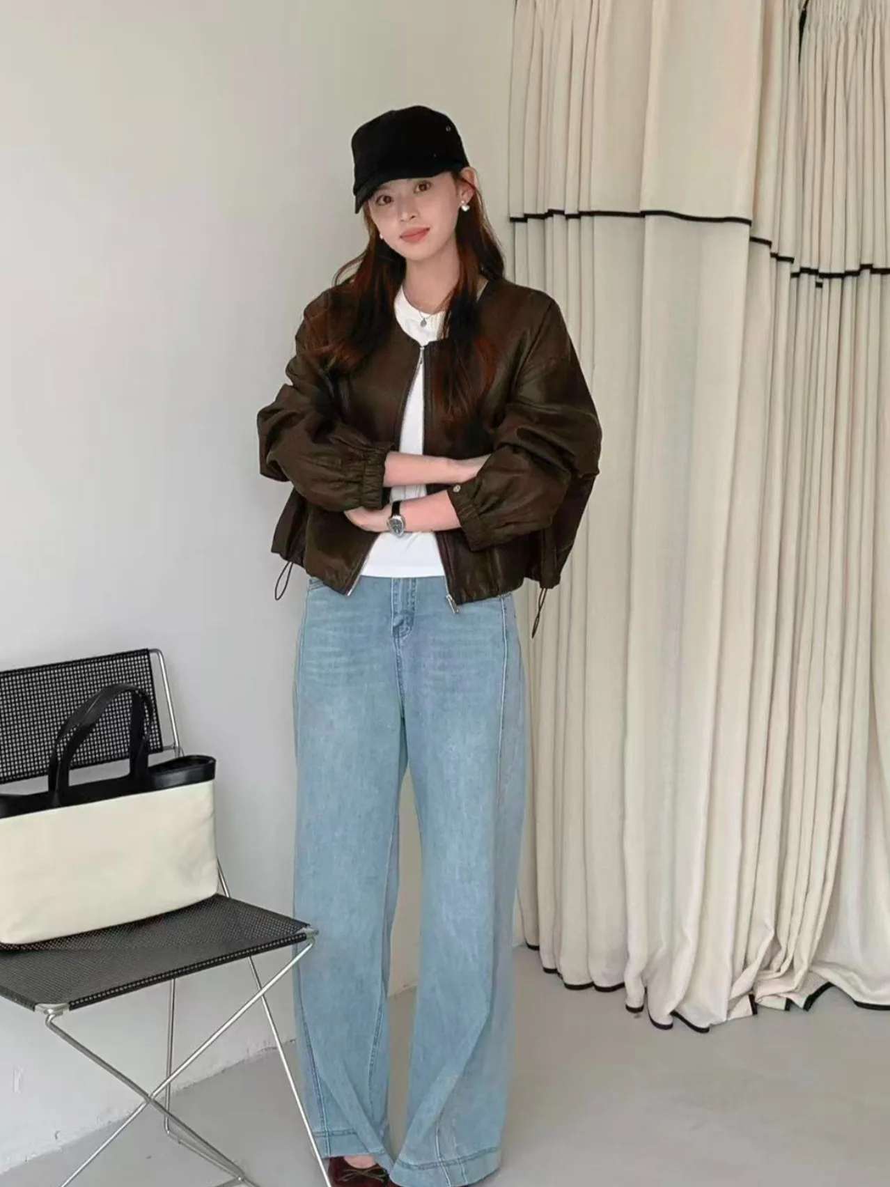 เสื้อสตรีสไตล์เกาหลี วินเทจ หนังแท้ ทรงกลม แขนยาว ลำลอง อเนกประสงค์ ช่วยลดอายุ รุ่นใหม่ล่าสุด สำหรับฤดูใบไม้ผลิและฤดูใบไม้ร่วง