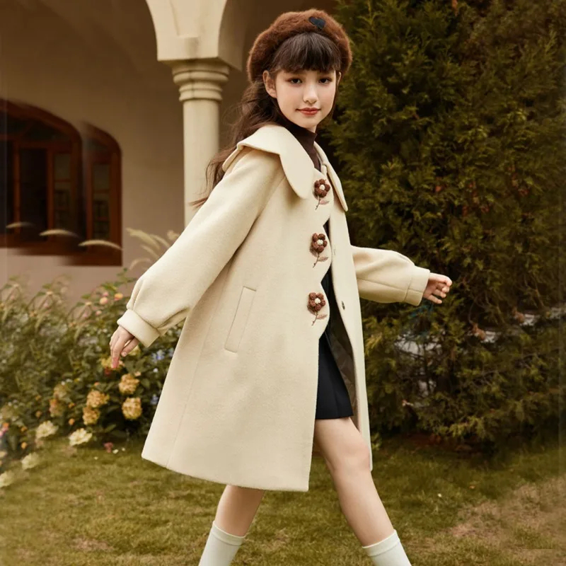 Girls Large Korean Style Loose Woolen Coat Autumn Winter Kids' Thick Insulated Stylish Coat
