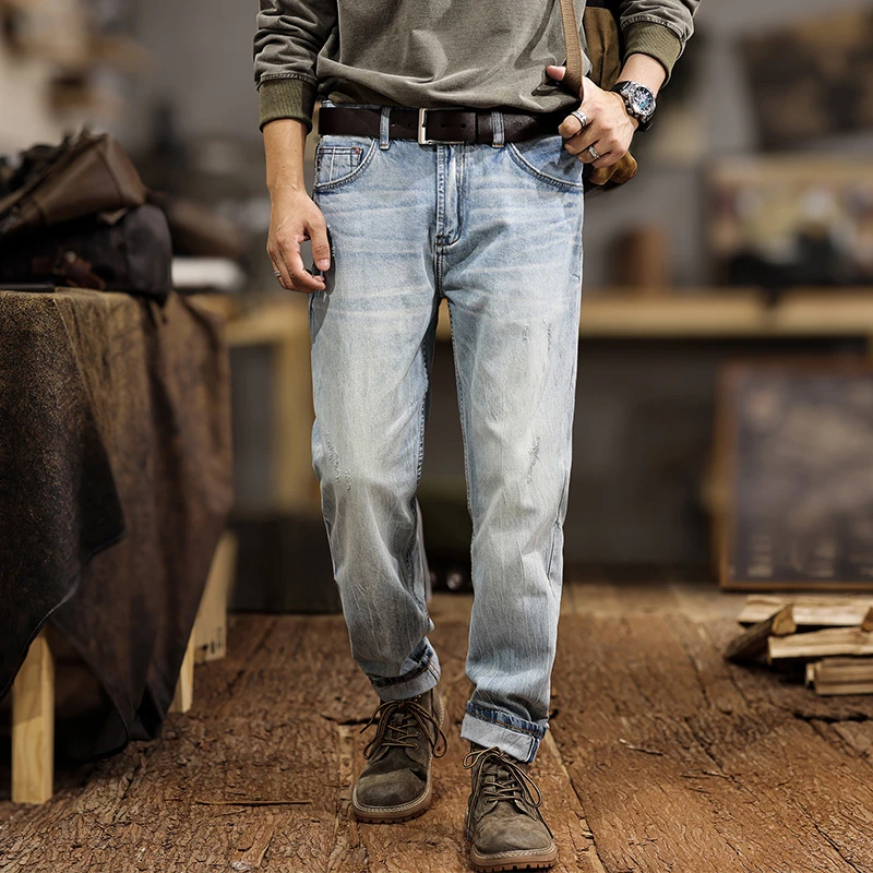 

American Vintage Selvedge Denim Light Wash Jeans for Men - Premium Spring/Summer Slim Tapered Stretch Straight Leg Pants