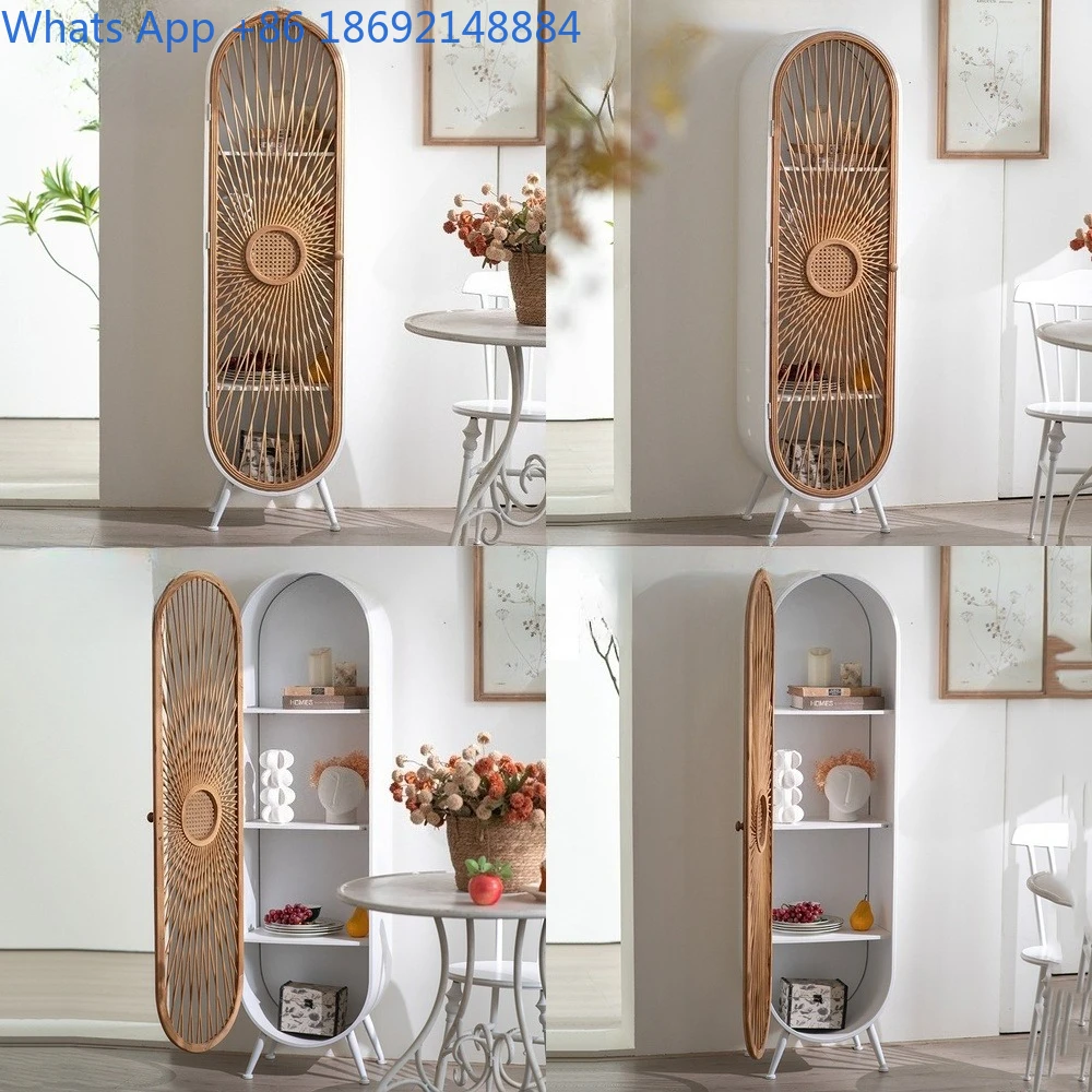 Minimalist Japanese Style Bamboo Woven Arched Door Floor Cabinet White Metal Multi Tier Display Cabinet Creative Corner Shelf