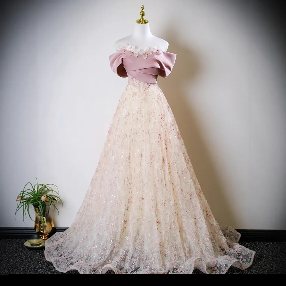 Hochwertige Promi-Kleider, klassisch, A-Linie, schulterfrei, kurze Ärmel, Abendkleid, exquisites Ballkleid, individuelle Blumen