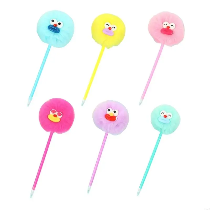 D57D Furry Pom Ballpoint Pen 6Pcs 1.0mm Smooth to Write for Women Girl Student Writing Journaling Office School Writing Tool