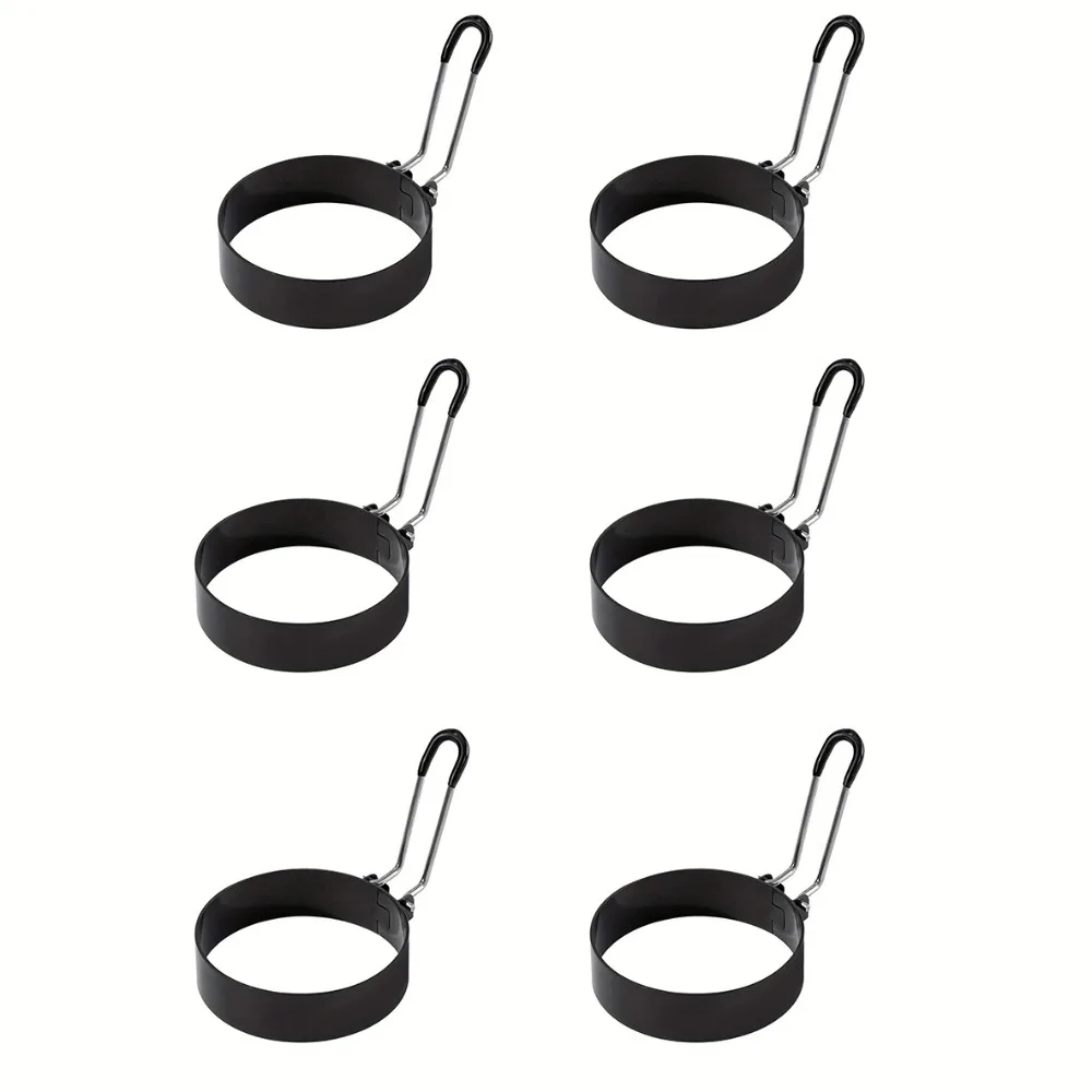 

6pcs Kitchen Gadgets Stainless Steel Fried Egg Rings Round Foldable Handle Omelette Mold Nonstick Pancake Mold Frying Pan