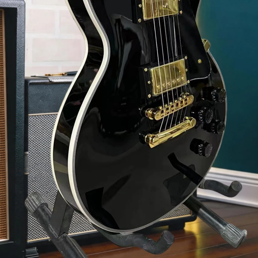 Black Multi-Binding LP Custom Style Electric Guitar, Gold Hardware Dual Humbucker Vintage Guitar