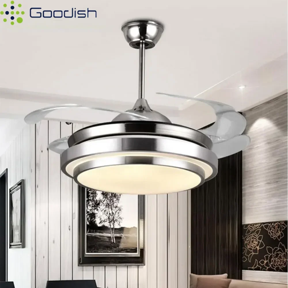 Modern Luxury Nordic Brushed Nickel 42 Inch Retractable LED Ceiling Fan Creative Lamp for Living Room Home Decoration Chandelier